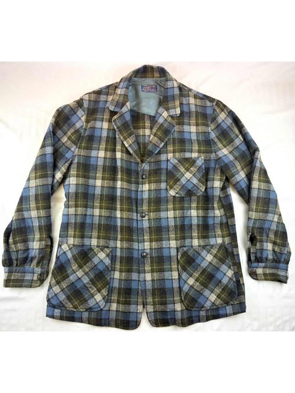 VTG Pendleton Jacket Mens L Blue Green Plaid Virgin Wool Sport Coat Blazer USA